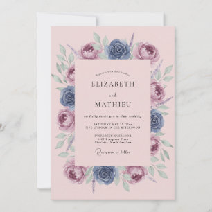 Invitation Mariage Artistique à la Fleur de Bleu Poussiéreux