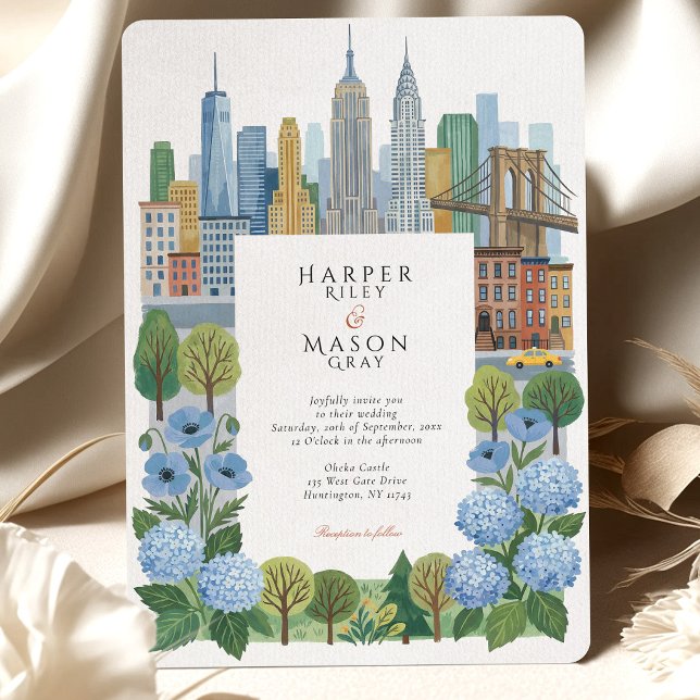 Invitation Mariage artistique à New York avec hydrangea bleu  (Créateur téléchargé)