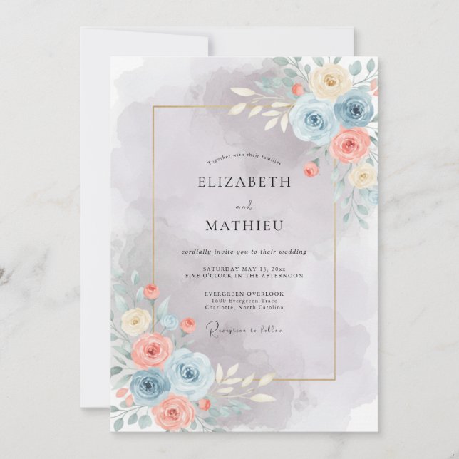 Invitation Mariage artistique aquarelle bleu clair (Devant)