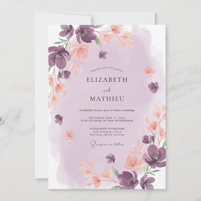 Invitation Mariage Artistique aux Tons de Prune et de Pêche (Devant)