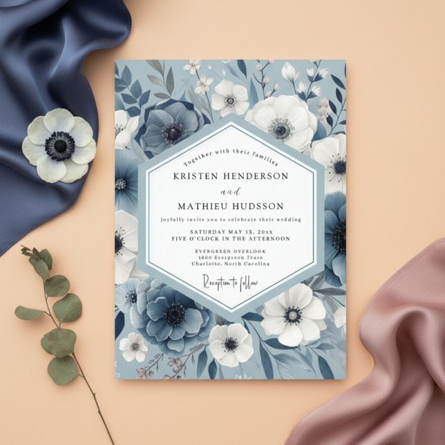 Invitation Mariage artistique avec fleurs de bleu ardoise (Créateur téléchargé)