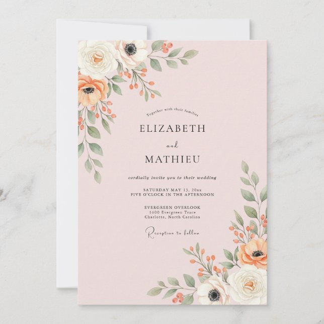 Invitation Mariage Artistique Botanique aux Pêches (Devant)