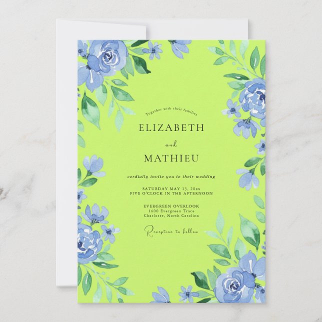 Invitation Mariage Artistique Botanique Bleu (Devant)