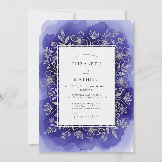 Invitation Mariage Artistique Botanique Indigo (Devant)