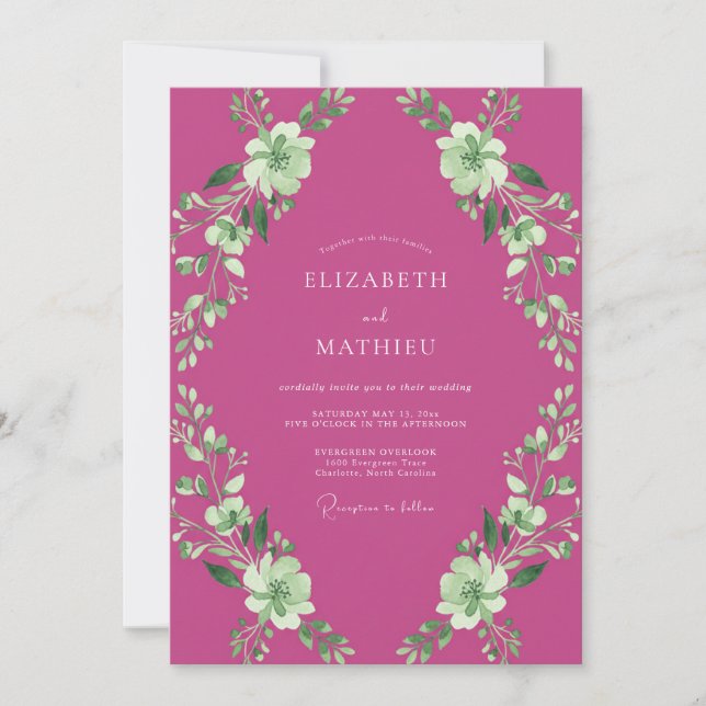 Invitation Mariage Artistique Botanique Magenta (Devant)