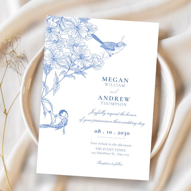 Invitation Mariage artistique botanique oiseau bleu (Créateur téléchargé)