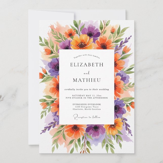 Invitation Mariage Artistique Botanique Orange Violet (Devant)