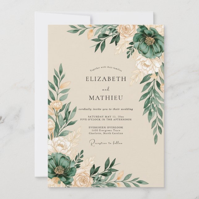 Invitation Mariage Artistique Botanique Vert Chasseur (Devant)