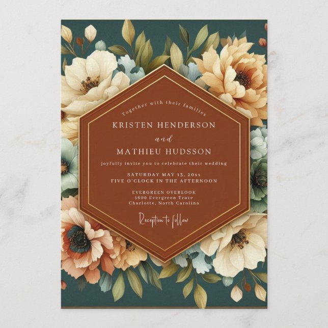 Invitation Mariage artistique Brun sarcelle (Devant)