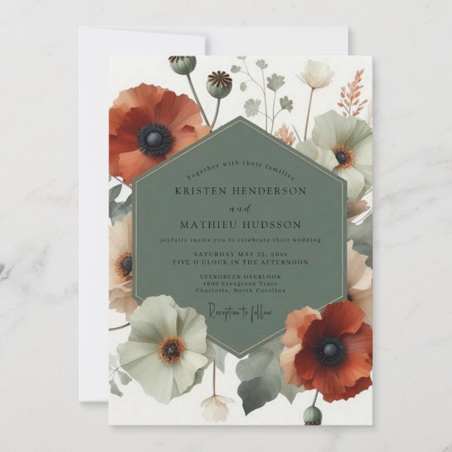 Invitation Mariage artistique coquelicot sage (Devant)