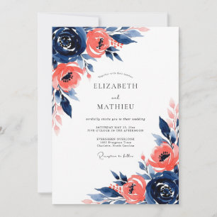 Invitation Mariage artistique corail marine en fleurs