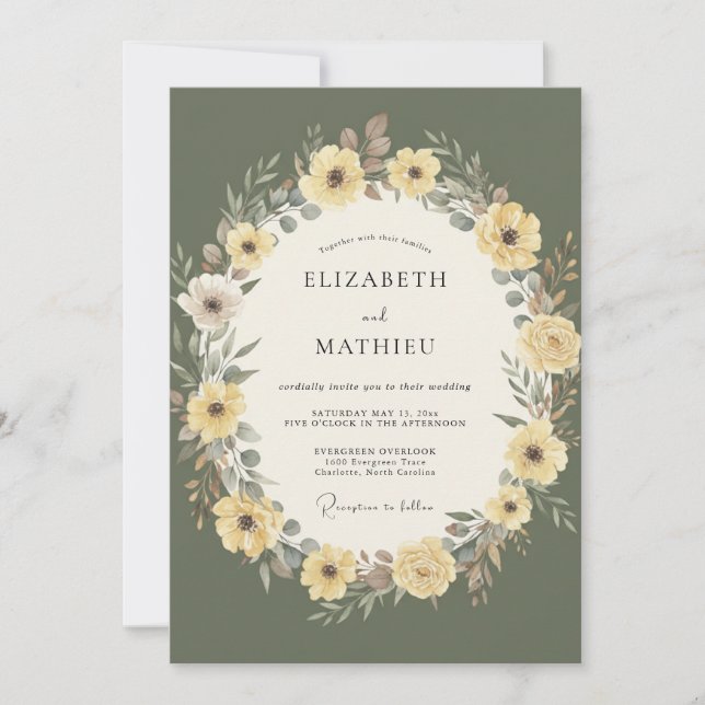 Invitation Mariage artistique de nature vert olive (Devant)