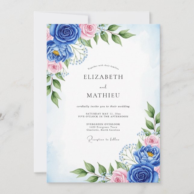 Invitation Mariage artistique de printemps bleu cobalt (Devant)