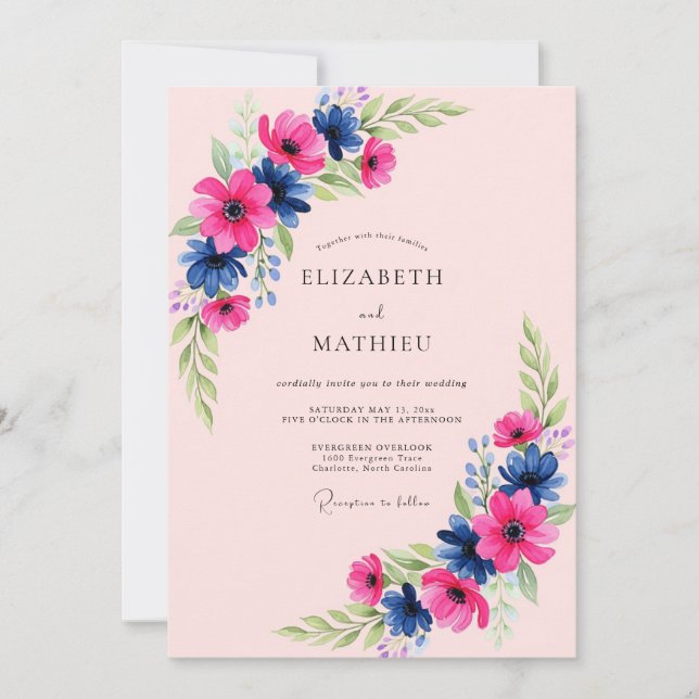 Invitation Mariage artistique de printemps Navy Blush (Devant)