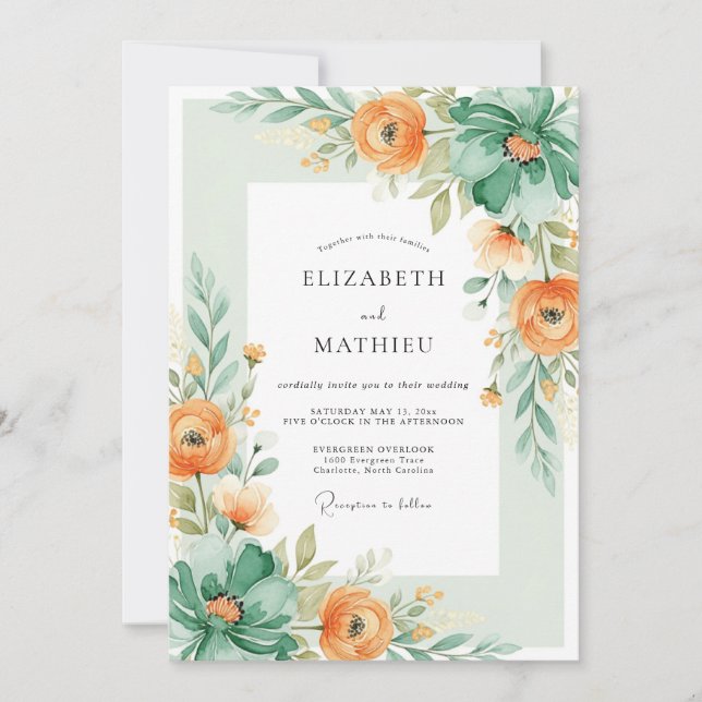 Invitation Mariage artistique de printemps sarcelle et pêche (Devant)