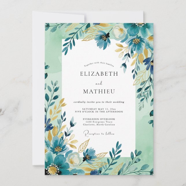 Invitation Mariage artistique de printemps sarcelle ocre (Devant)