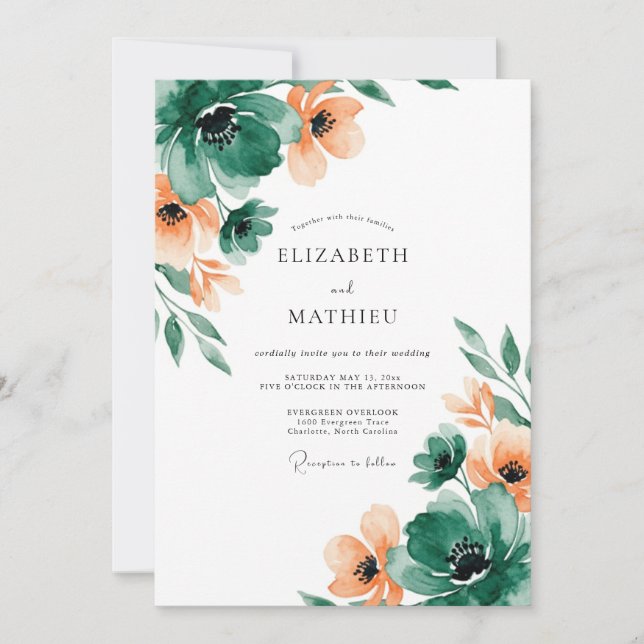 Invitation Mariage Artistique de Printemps Vert Émeraude (Devant)