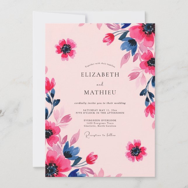 Invitation Mariage Artistique d'Été Rose Navy (Devant)