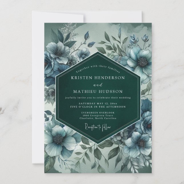 Invitation Mariage Artistique Fleur Bleue Ardoise (Devant)