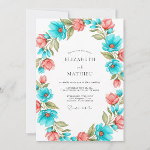 Invitation Mariage Artistique Fleur Corail Sarcelle