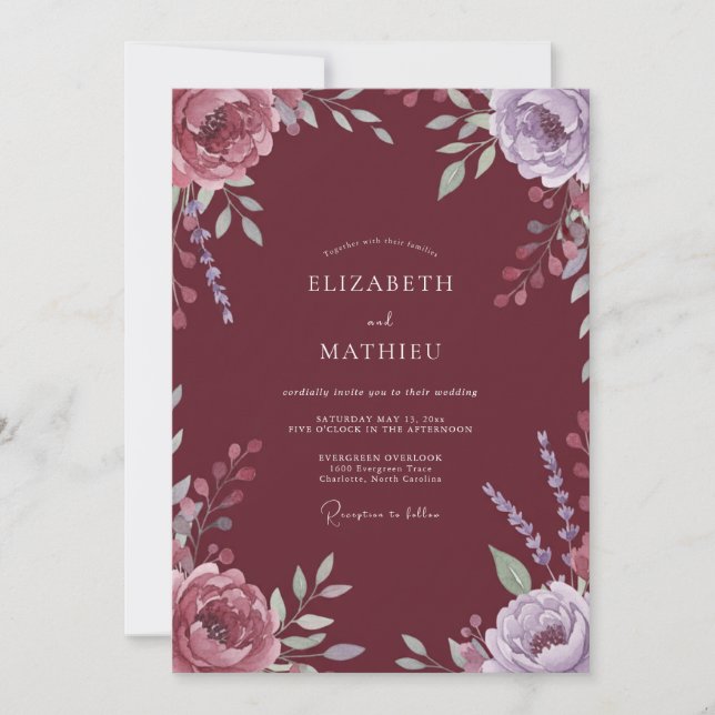 Invitation Mariage Artistique Fleur Cramoisi (Devant)