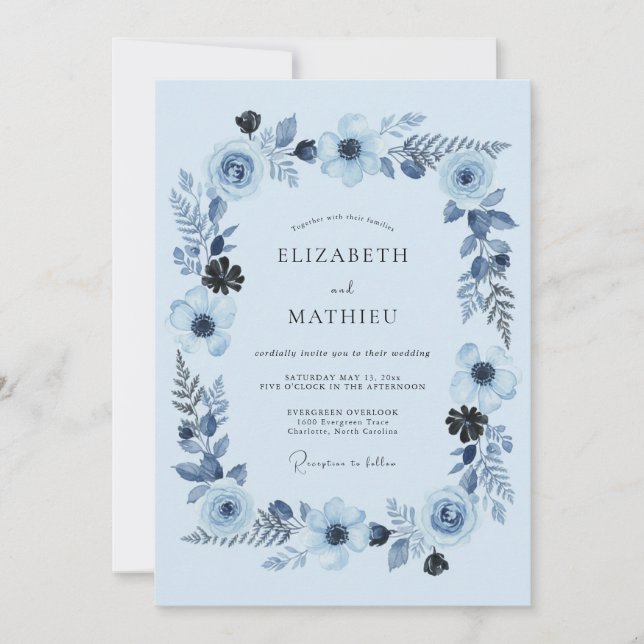 Invitation Mariage Artistique Fleur de Ciel Bleu (Devant)