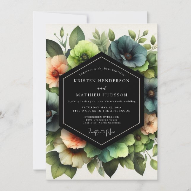Invitation Mariage artistique Fleur de corail ardoise (Devant)