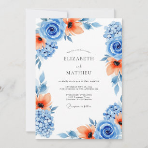 Invitation Mariage artistique Fleur Fleurie Bleu Orange