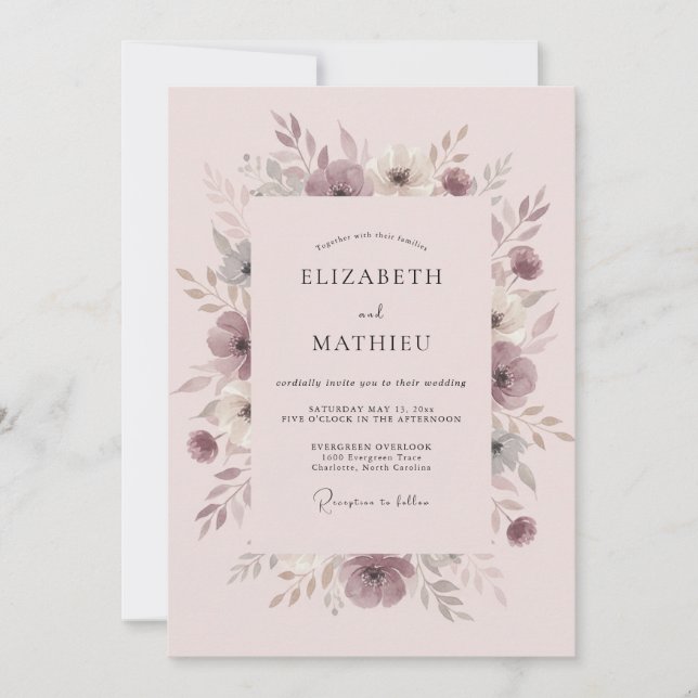 Invitation Mariage Artistique Fleur Mauve (Devant)