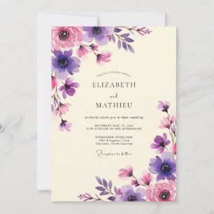 Invitation Mariage artistique Fleur rose violet