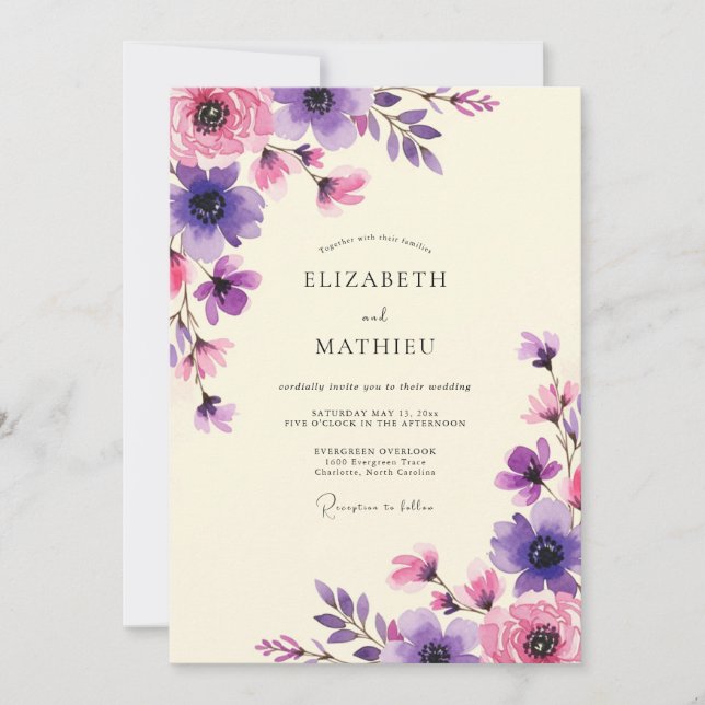 Invitation Mariage artistique Fleur rose violet (Devant)