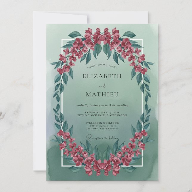 Invitation Mariage Artistique Fleur Verte Menthe (Devant)