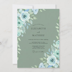 Invitation Mariage Artistique Fleurie Bleu Poussiéreux
