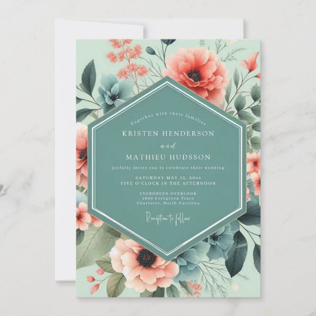 Invitation Mariage Artistique Floraison Corail Menthe (Devant)