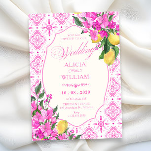 Invitation Mariage artistique floral à motif de carreaux rose