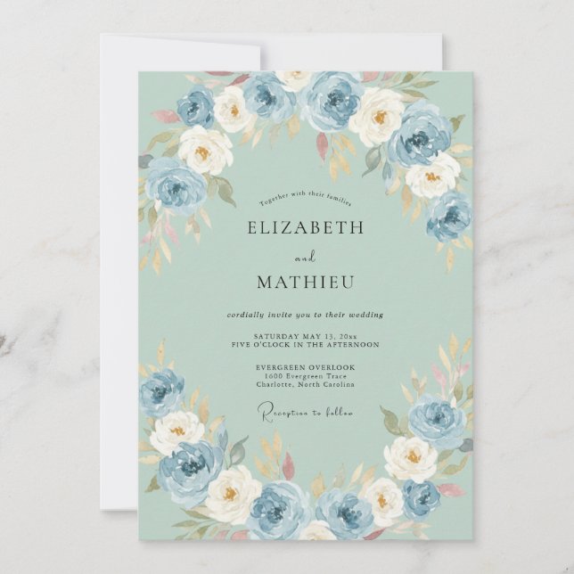 Invitation Mariage artistique floral bleu (Devant)