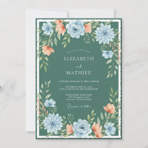 Invitation Mariage artistique floral déployé sarcelle