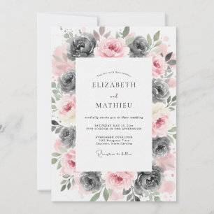 Invitation Mariage Artistique Floral Gris Rosé