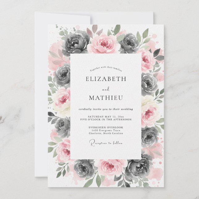 Invitation Mariage Artistique Floral Gris Rosé (Devant)
