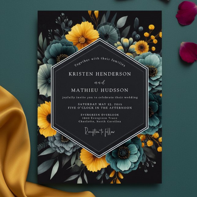 Invitation Mariage artistique floral sarcelle (Créateur téléchargé)