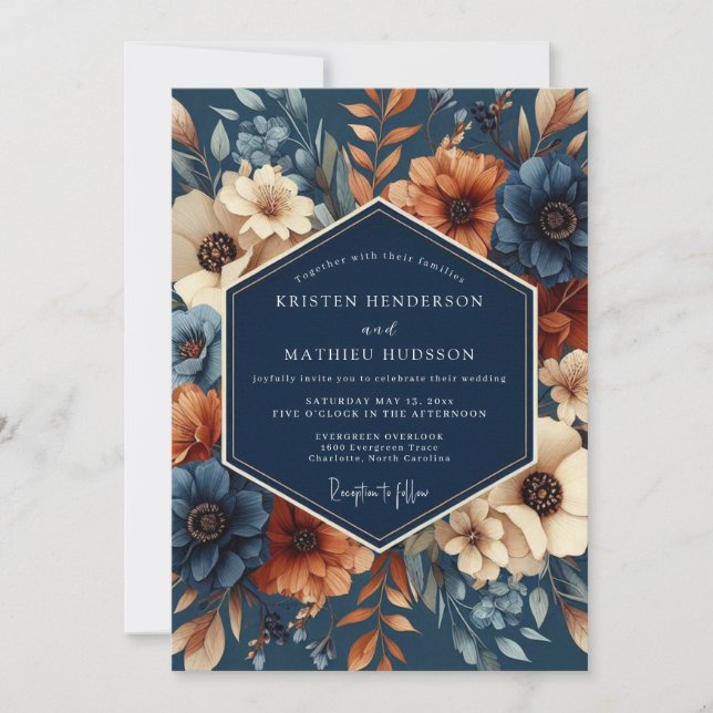 Invitation Mariage Artistique Flore Navy Rouille (Devant)