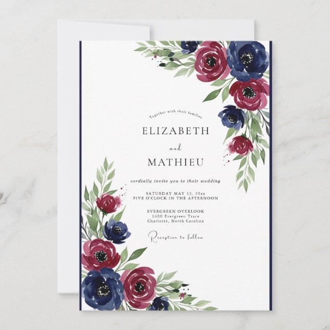 Invitation Mariage artistique Navy Bourgogne Bloom (Devant)