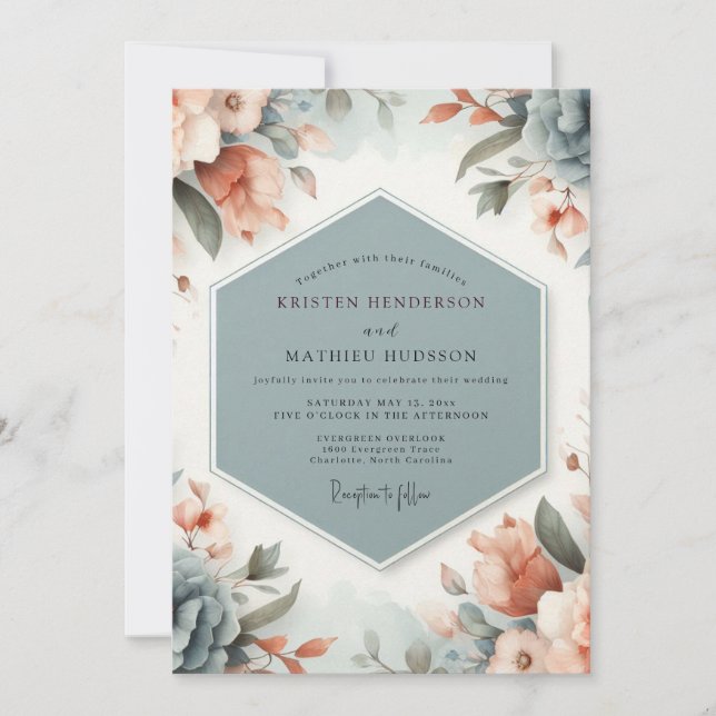 Invitation Mariage artistique pêche ardoise (Devant)