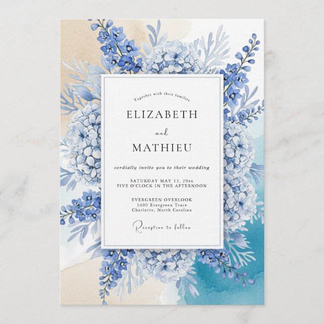 Invitation Mariage artistique romantique Hydrangea Bleu (Devant)