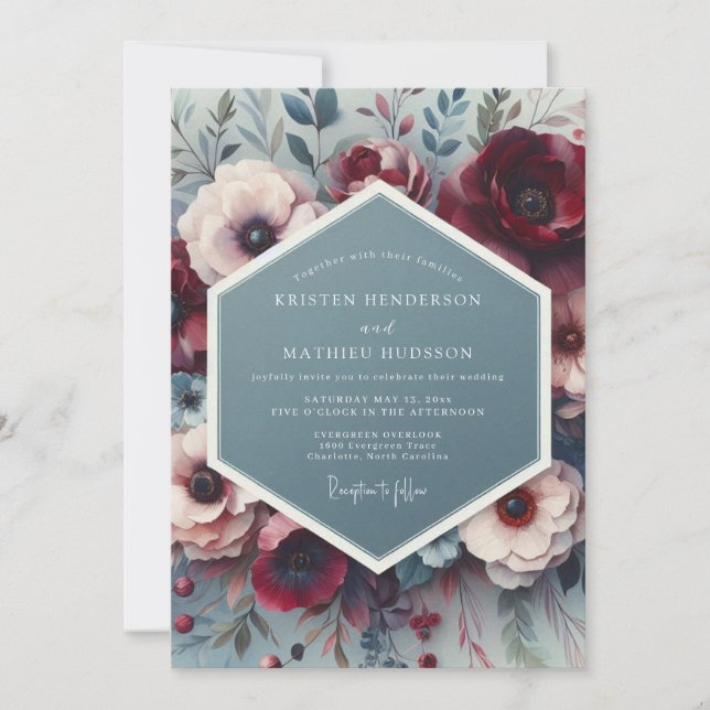 Invitation Mariage Artistique Slate & Crimson Bloom (Devant)