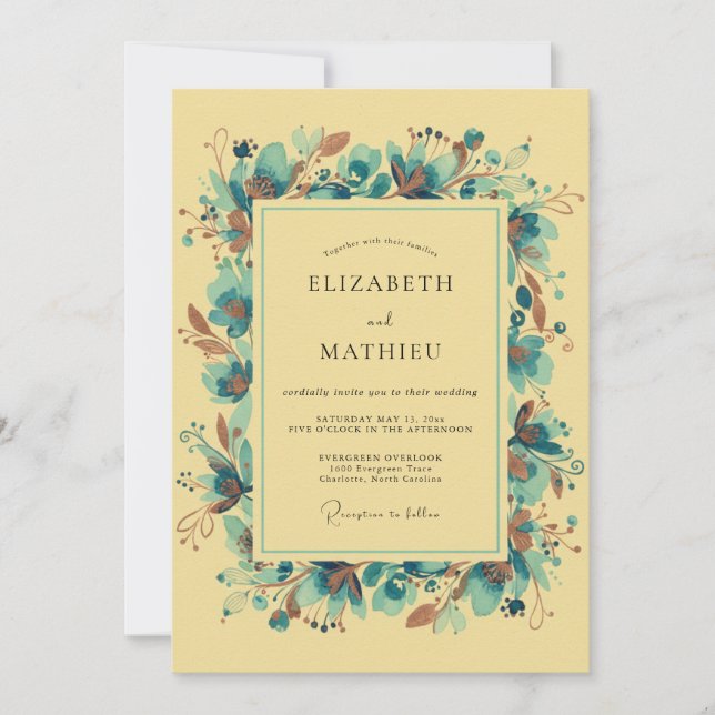Invitation Mariage Artistique Vintage Jaune (Devant)