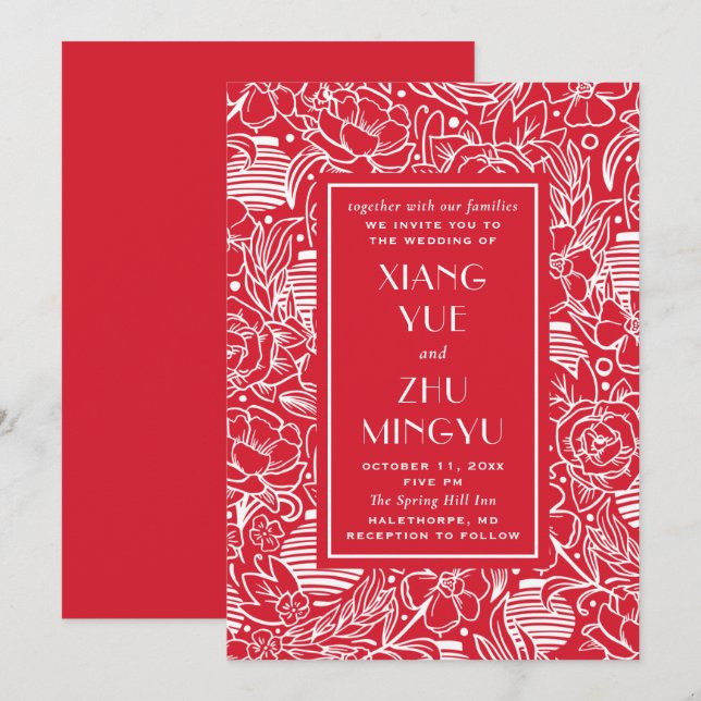 Invitation Mariage asiatique élégant à fleurs rouges. Classiq (Devant / Derrière)