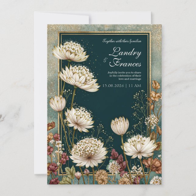 Invitation Mariage Astrantia sarcelle givré humeur (Devant)