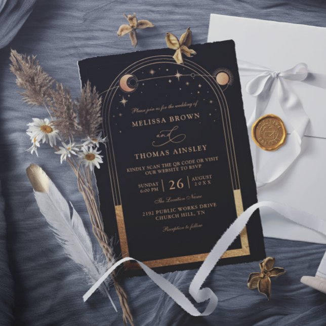 Invitation Mariage Astronomie Soleil Lune Bohème Code QR Budg (Créateur téléchargé)
