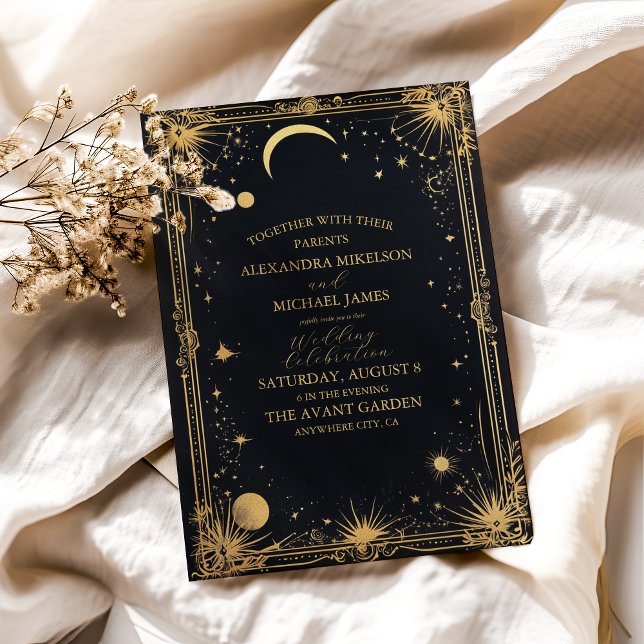 Invitation Mariage Astronomie Soleil Lune Or Noir Céleste (Créateur téléchargé)